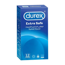 Durex Extra Safe condom box with 12 condoms on a blue package