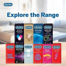 Durex condom range lineup of boxed products in blue, red, gold, and pink packaging