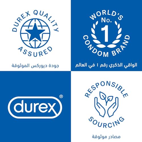 Durex Extra Safe condoms UAE blue and white promotional badges showing Durex logo quality assured No1 brand responsible sourcing