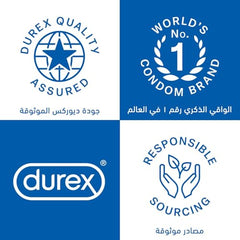 Durex Extra Safe condoms UAE blue and white promotional badges showing Durex logo quality assured No1 brand responsible sourcing