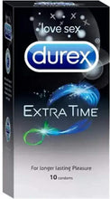 Durex Extra Time condom box, dark blue and black with green graphic