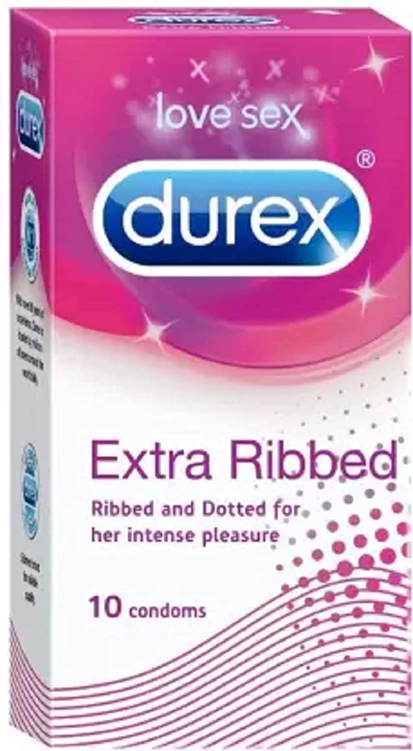 Durex Extra Time condoms on pink Durex Extra Ribbed box 10 condoms ribbed and dotted packaging