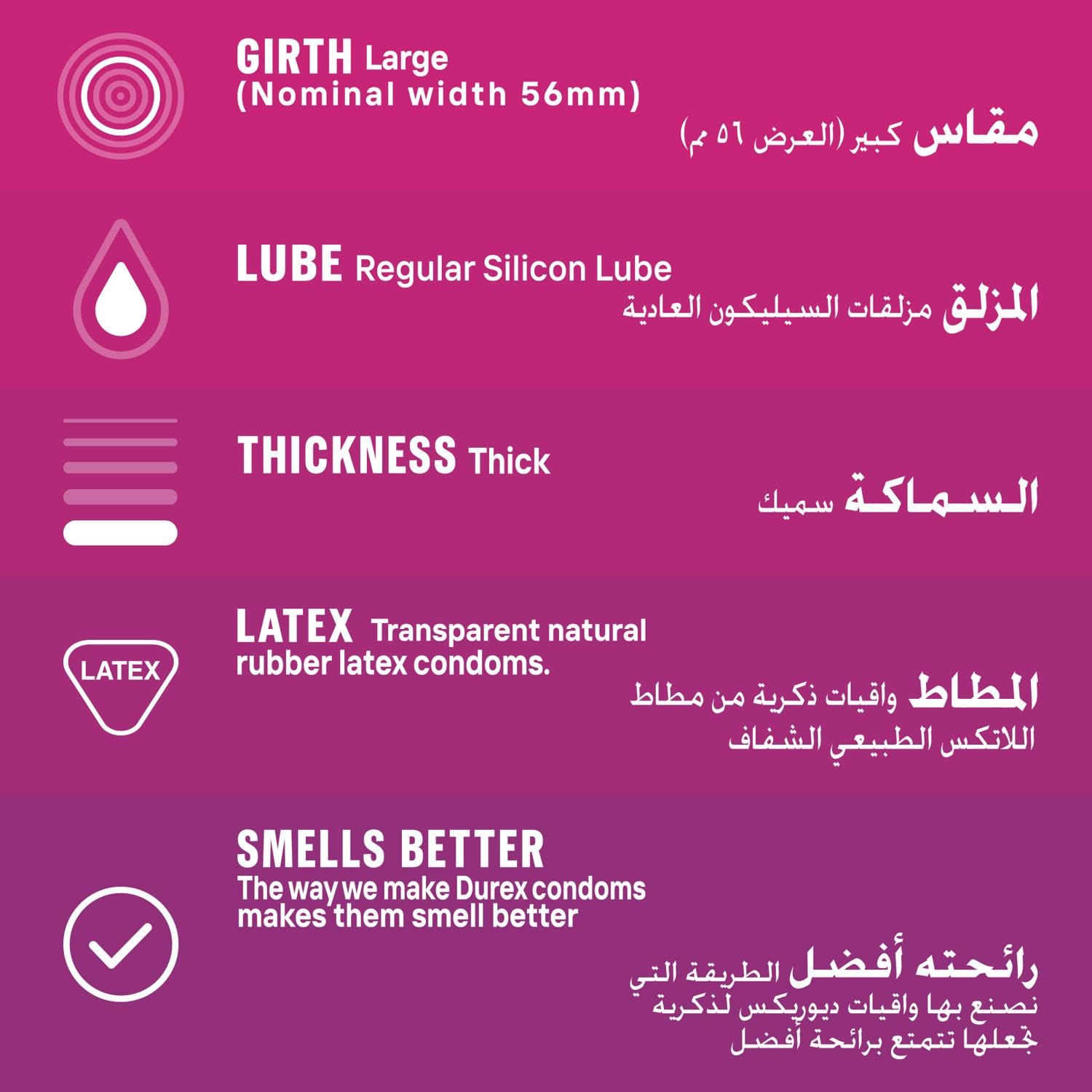 Durex Intense Pleasure condoms UAE infographic showing large 56mm girth silicone lube thick transparent latex and improved smell