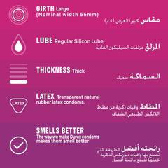 Durex Intense Pleasure condoms UAE infographic showing large 56mm girth silicone lube thick transparent latex and improved smell