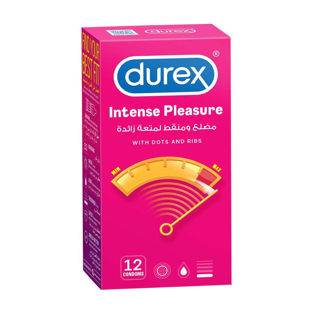 Durex Intense Pleasure condoms UAE pink retail box showing Durex logo 12 condoms with dots and ribs