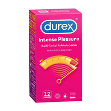 Durex Intense Pleasure condoms box with 12 count and dots & ribs graphic