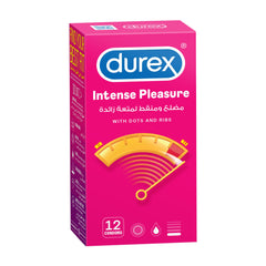 Durex Intense Pleasure condoms UAE pink retail box showing Durex logo 12 condoms with dots and ribs