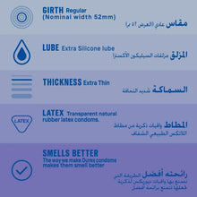 Durex Invisible extra-thin lubricated condom features panel with thickness and latex notes