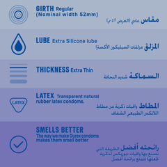 Durex Invisible condoms UAE product infographic showing 52mm girth extra silicone lube extra thin latex smells better