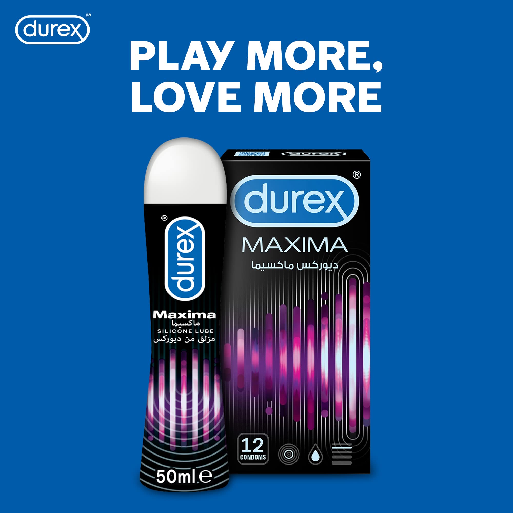 Durex Maxima silicone lubricant gel bottle and matching condom box on blue background with Play More Love More slogan