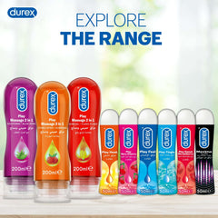 Durex product range display with 200ml massage bottles and 50ml lube bottles including Durex Maxima silicone lubricant gel