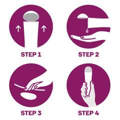 Durex Maxima silicone lubricant gel four step usage icons showing cap removal dispensing applying and holding toy