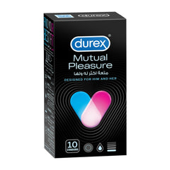 Box of Durex Mutual Pleasure condoms UAE black pack with blue and pink heart icon 10 condoms designed for him and her