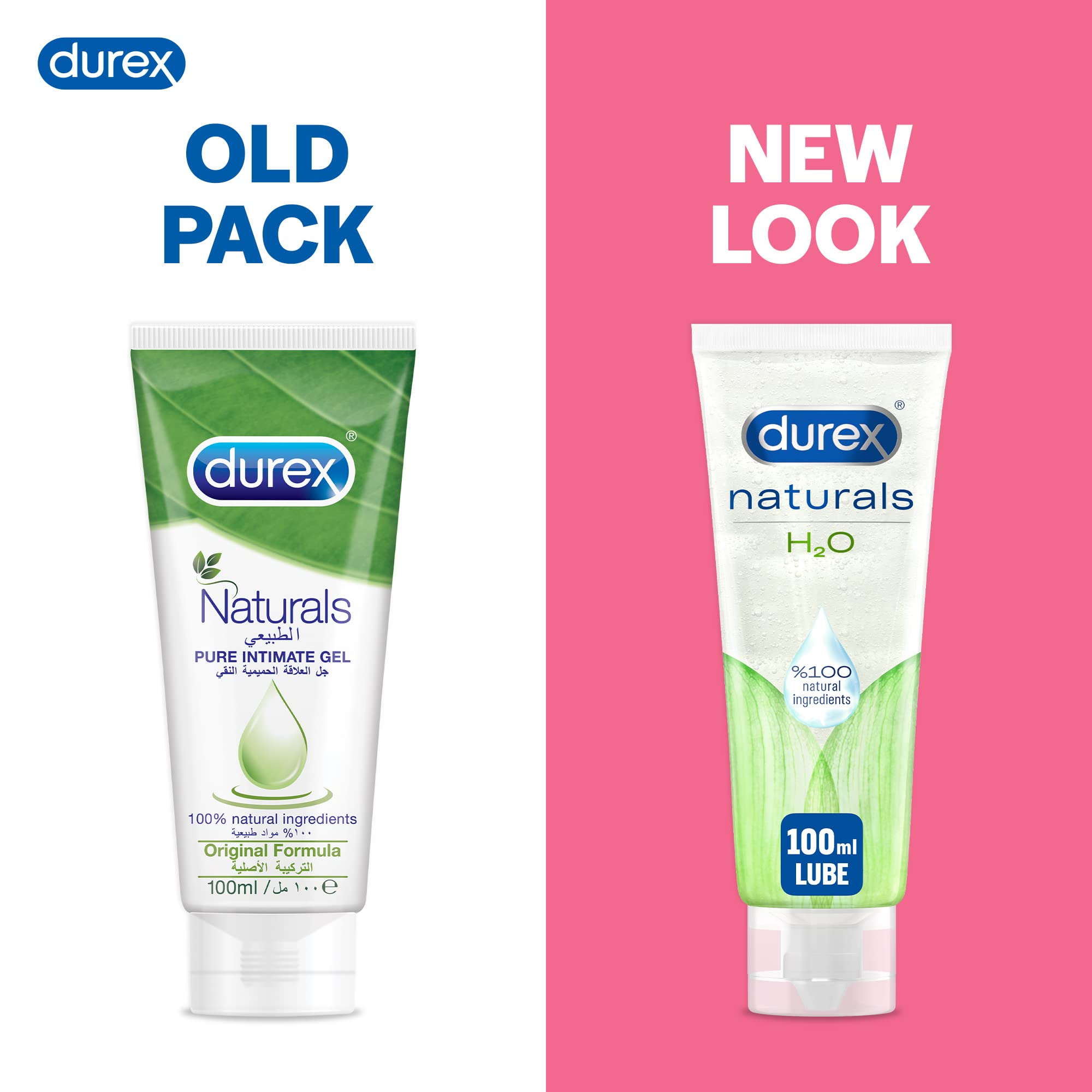 Durex natural intimate lube 100ml showing old pack and new look packaging side by side comparison