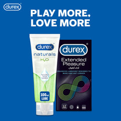 Durex natural intimate lube 100ml tube alongside Durex Extended Pleasure condom box on blue background