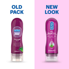 Durex Play 2 in 1 massage and lube. Bottles showing old pack and new look 200ml with aloe vera