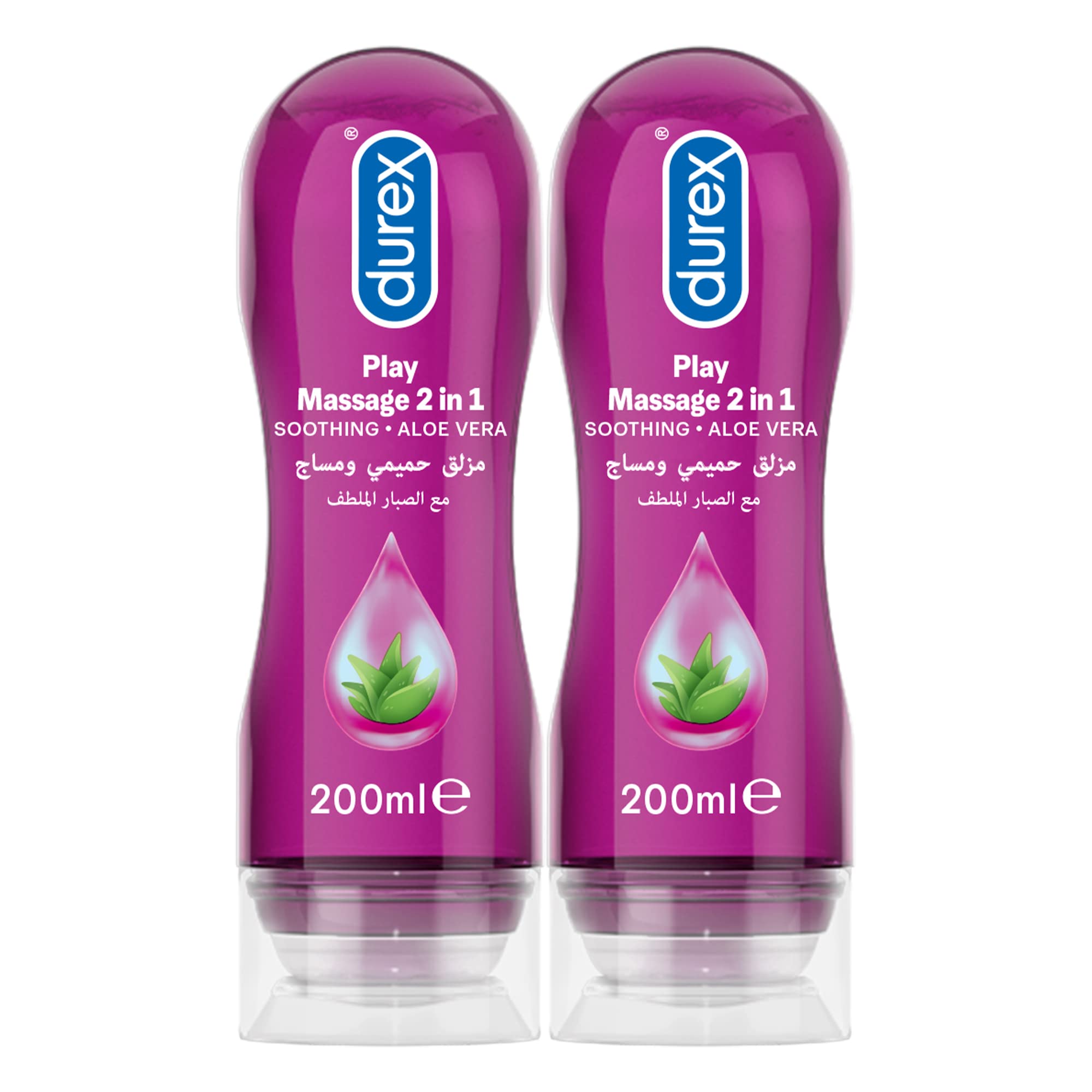 Durex Play 2 in 1 massage and lube. Two 200ml purple squeeze bottles with aloe vera soothing formula