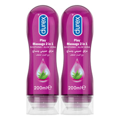 Durex Play 2 in 1 massage and lube. Two 200ml purple squeeze bottles with aloe vera soothing formula