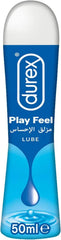 Durex Play Feel water-based lube bottle, 50 ml, blue and white label with droplet