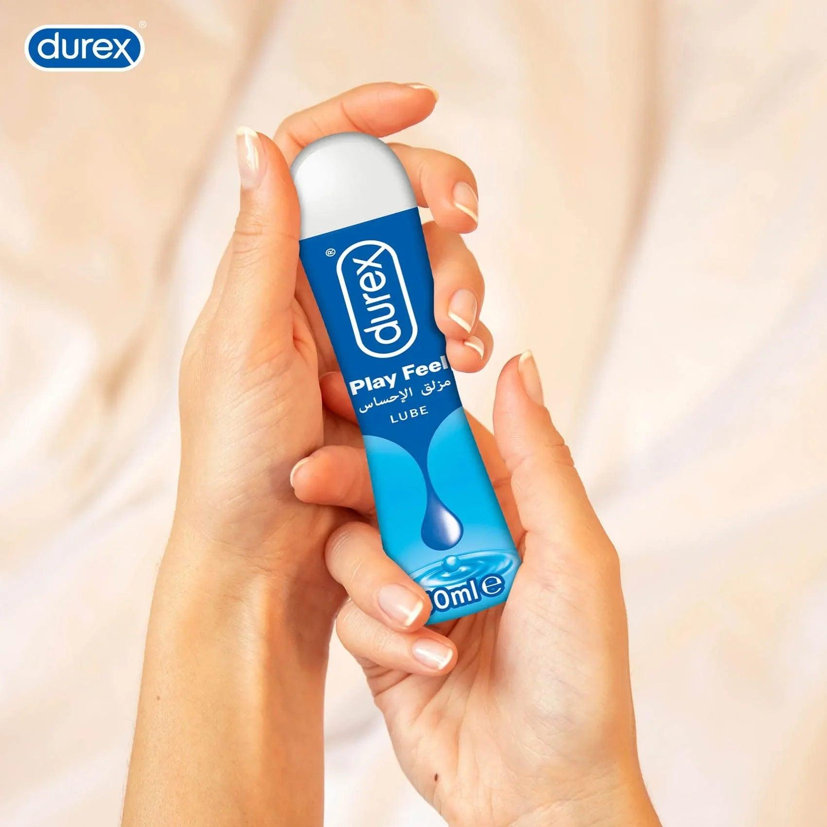 Durex Play Feel lube bottle, 50 ml, held in hands