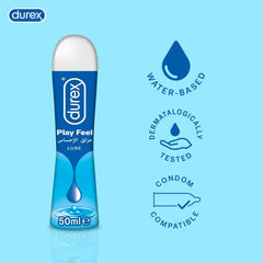 Durex Play Feel lube 50 ml bottle with water-based and condom-compatible icons