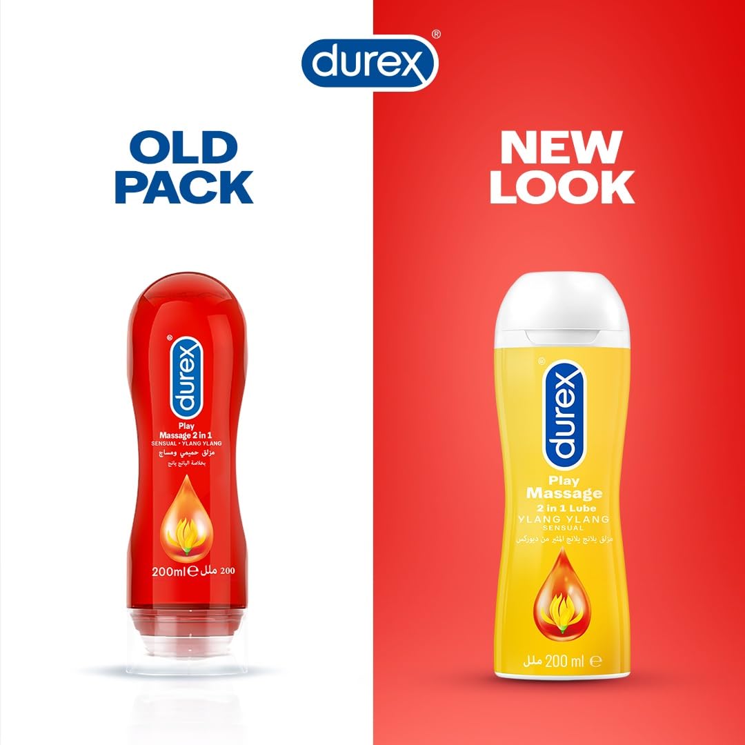 Side by side old pack and new look of Durex Play Massage 2 in 1 lubricant 200 ml bottle comparison