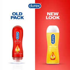 Side by side old pack and new look of Durex Play Massage 2 in 1 lubricant 200 ml bottle comparison