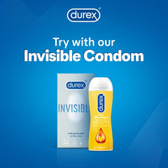 Durex Play Massage 2 in 1 lubricant bottle beside Durex Invisible condom box on blue background promotional image