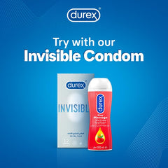 Durex Play Massage 2 in 1 lubricant UAE bottle beside Durex Invisible condom pack on blue background
