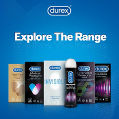 Durex Play Massage 2 in 1 lubricant UAE bottle with assorted Durex condom boxes on blue Explore The Range backdrop