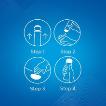 Step instruction icons with hand and apply actions on a blue background