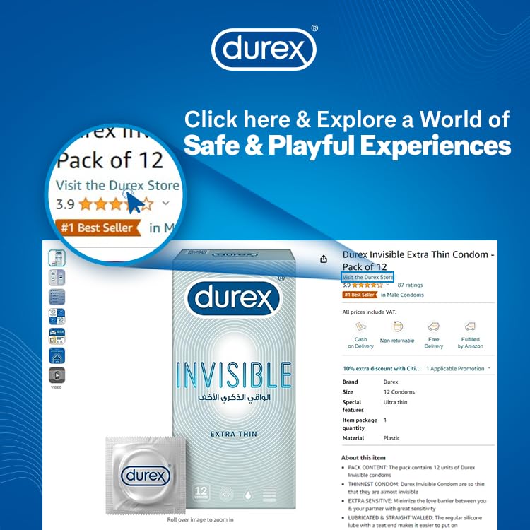 Durex website banner showing Durex Invisible Extra Thin condom pack and listing with rating Durex Play Massage 2 in 1 lubricant UAE