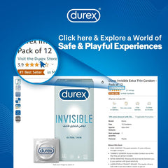 Durex website banner showing Durex Invisible Extra Thin condom pack and listing with rating Durex Play Massage 2 in 1 lubricant UAE