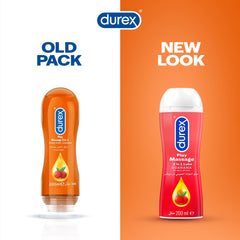 Durex Play Massage 2 in 1 lubricant UAE showing old pack and new look red bottle side by side