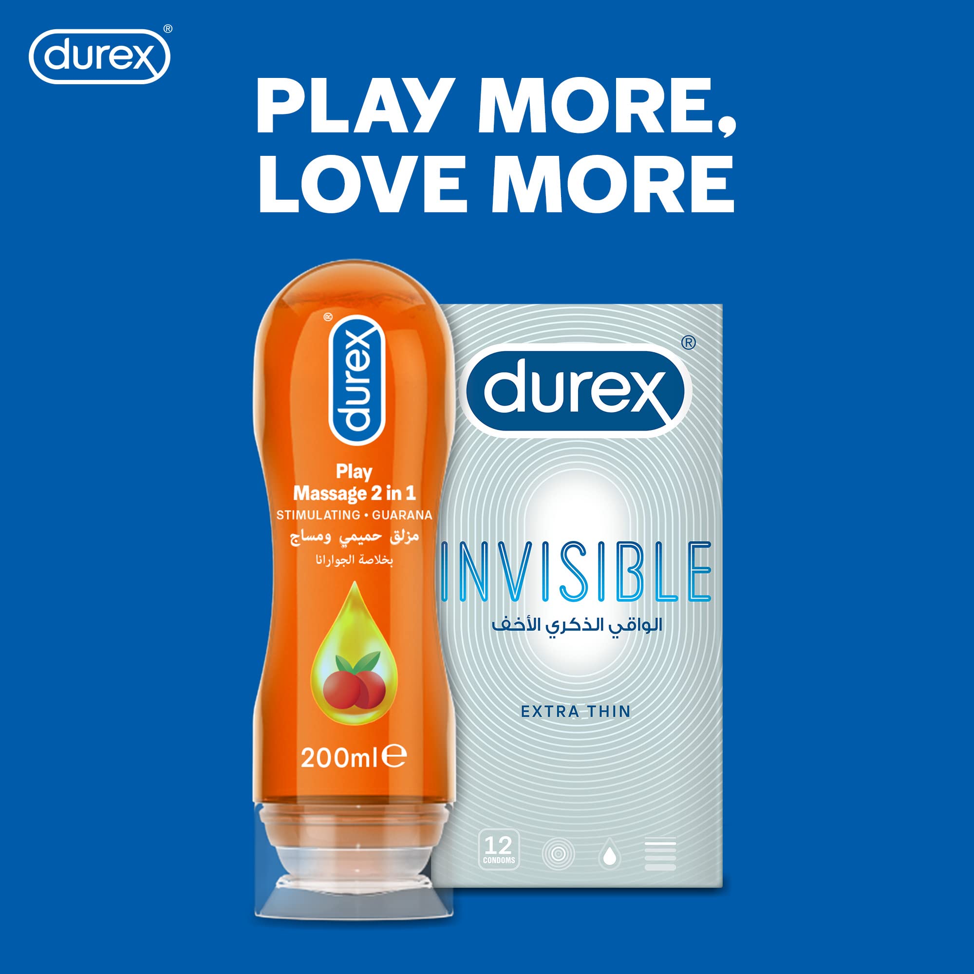 Durex Play Massage 2 in 1 lubricant UAE orange 200ml bottle shown with Durex Invisible extra thin condom pack