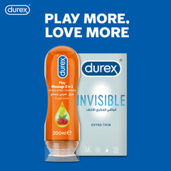 Durex Play Massage 2 in 1 lubricant UAE orange 200ml bottle shown with Durex Invisible extra thin condom pack