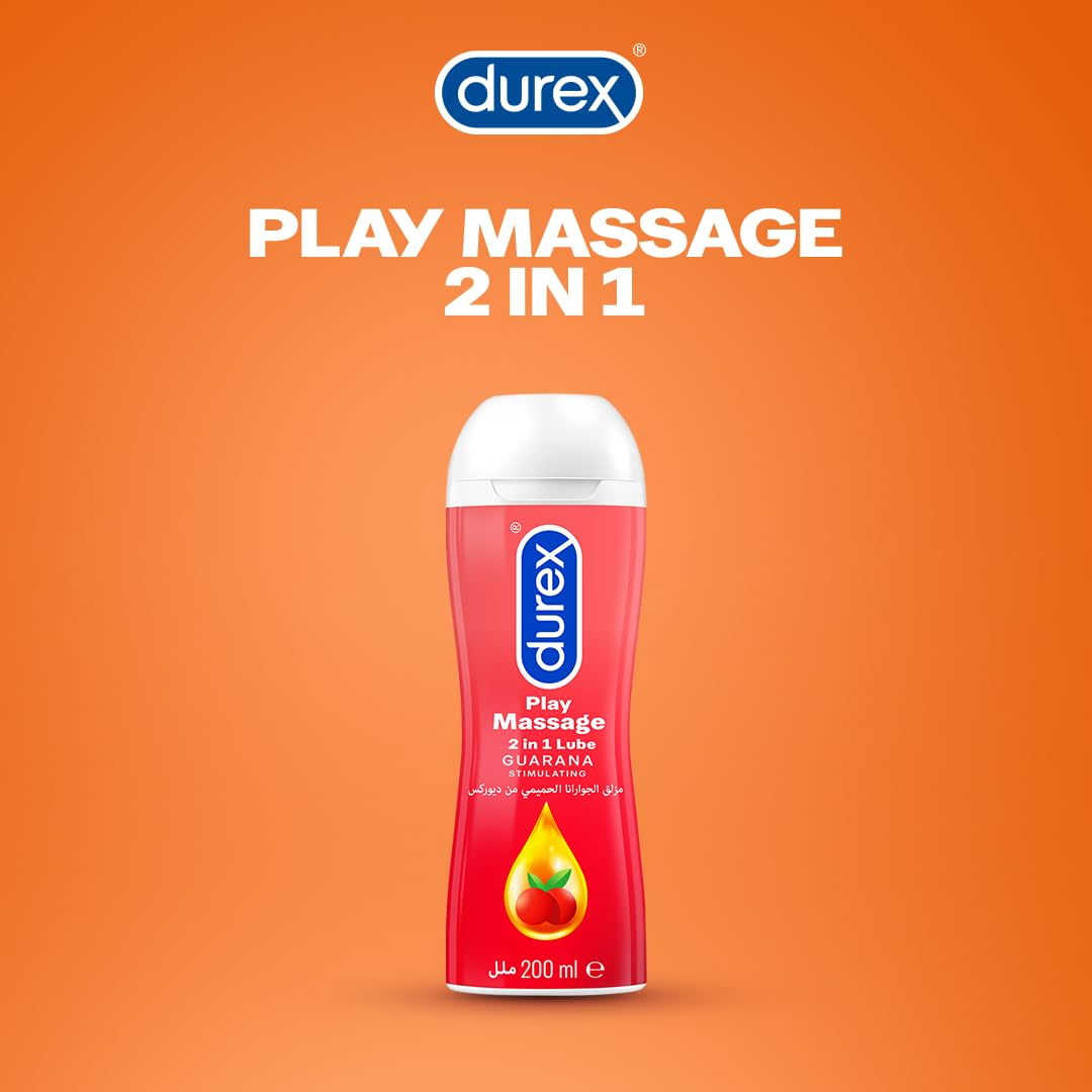 Durex Play Massage 2 in 1 lubricant UAE red 200 ml bottle with guarana on orange background