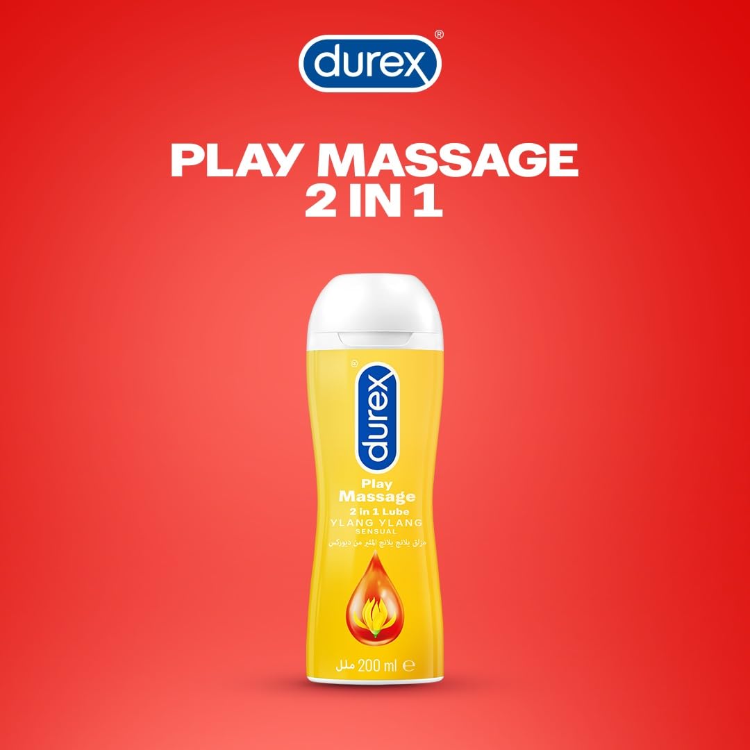 Yellow bottle of Durex Play Massage 2 in 1 lubricant 200 ml Ylang Ylang with white cap on red background
