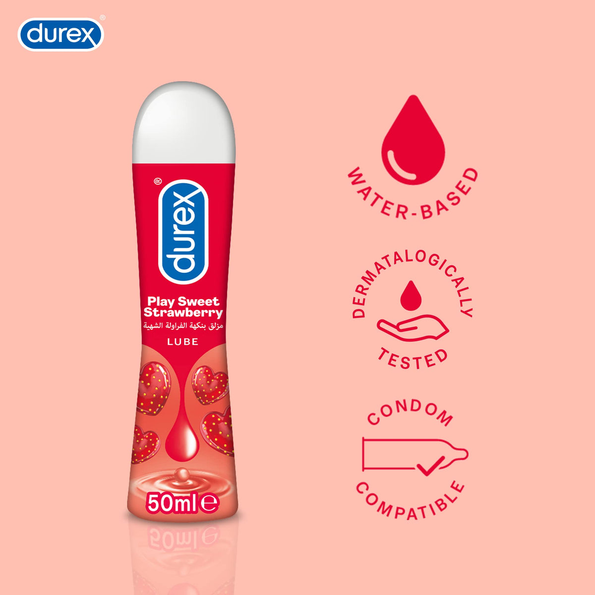 Durex Play Strawberry Gel 50ml bottle water based strawberry lube with dermatologically tested and condom compatible icons
