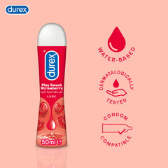 Durex Play Strawberry Gel 50ml bottle water based strawberry lube with dermatologically tested and condom compatible icons