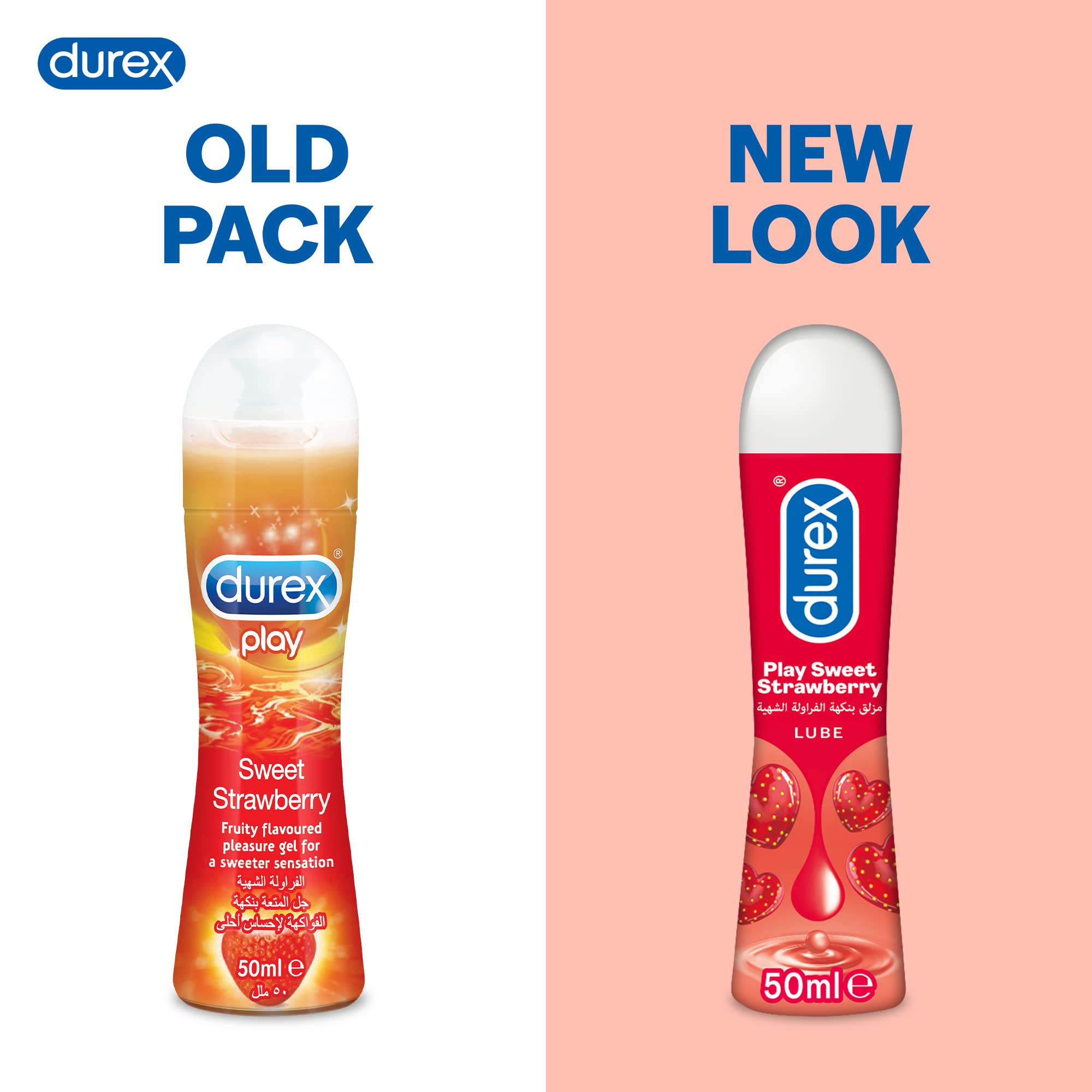 Durex Play Strawberry Gel 50ml comparison showing old pack and new look strawberry flavored lubricant bottles