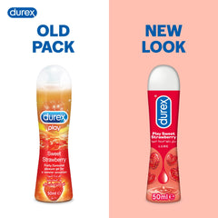 Durex Play Strawberry Gel 50ml comparison showing old pack and new look strawberry flavored lubricant bottles