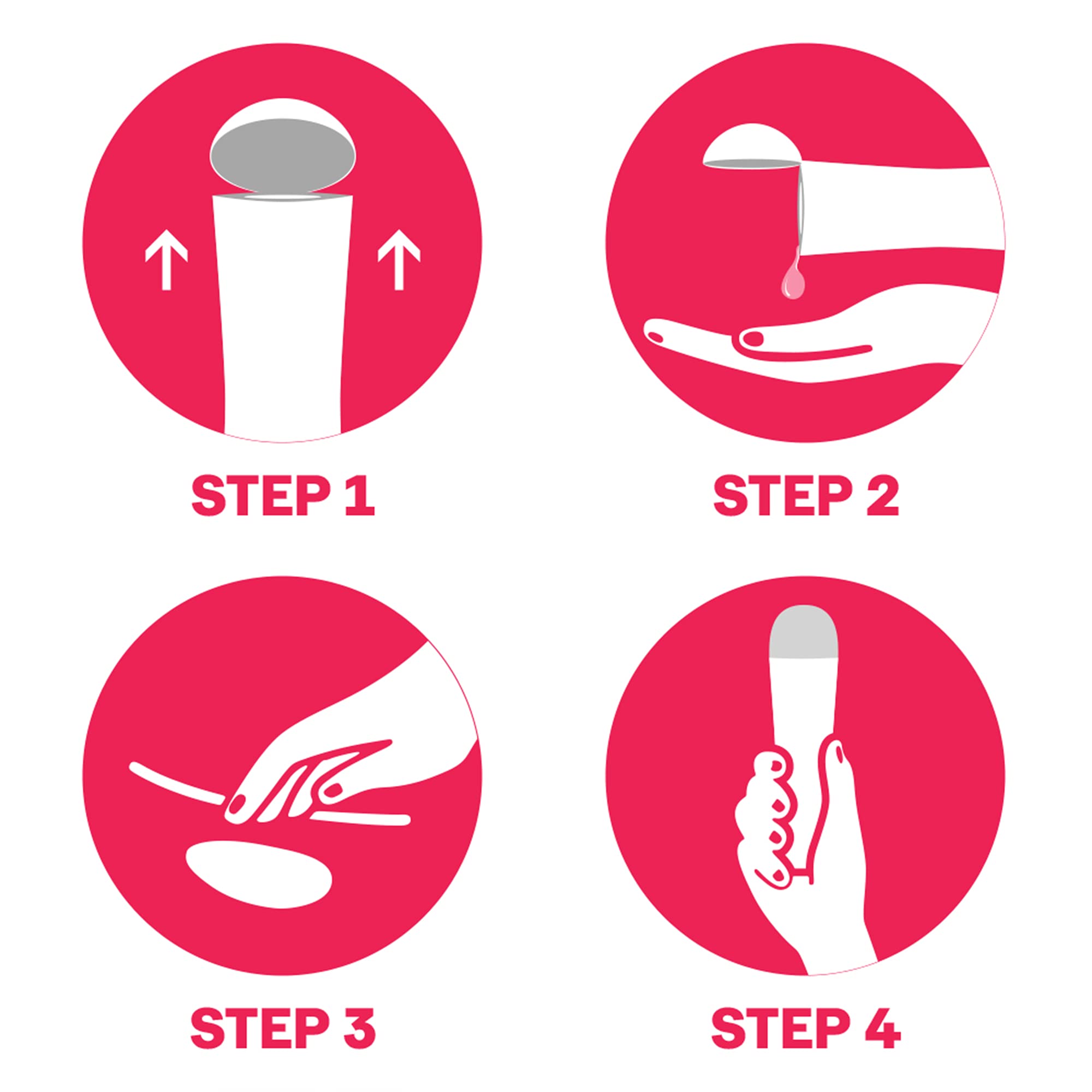 Instruction icons showing four usage steps for Durex Play Strawberry Gel 50ml open cap pour apply hold applicator