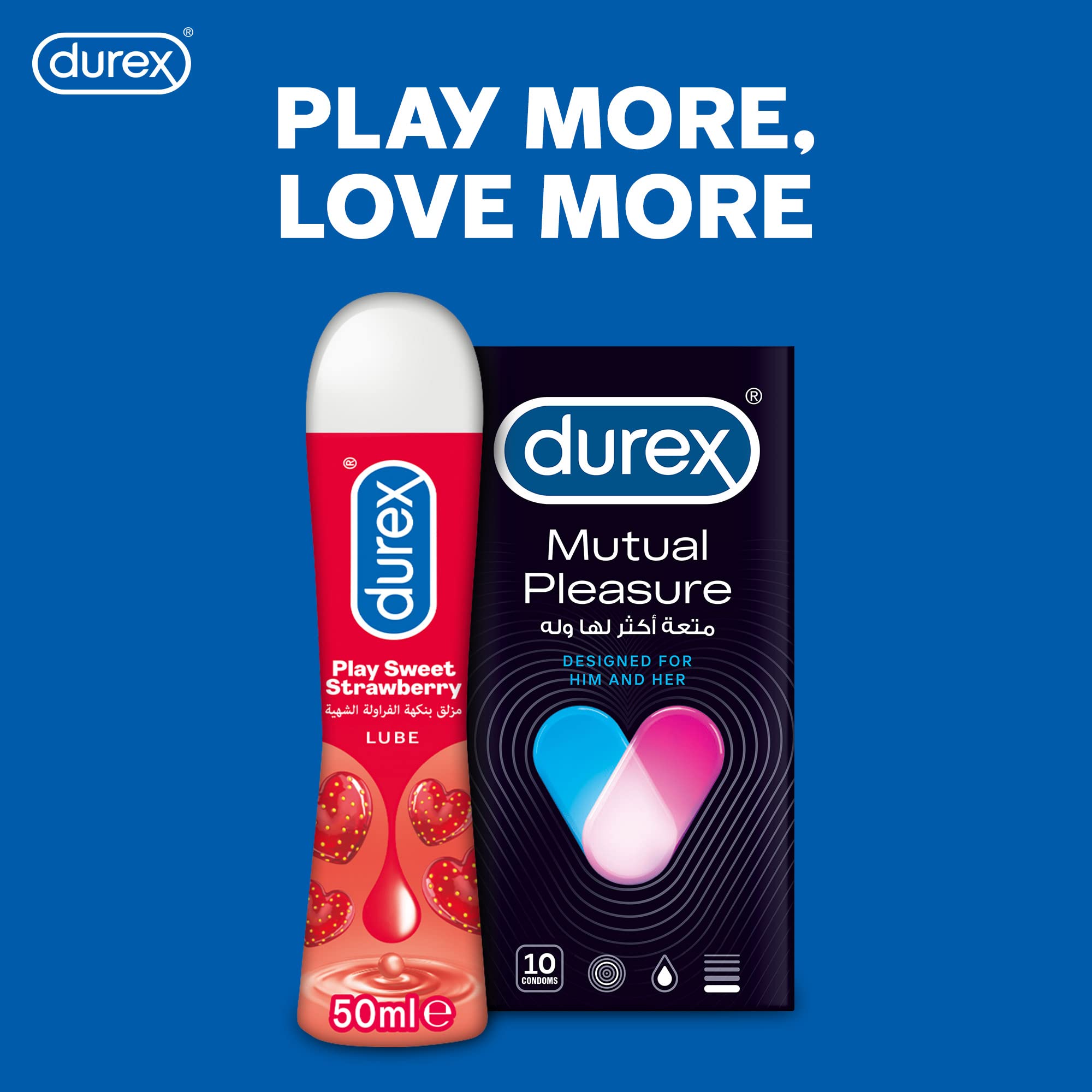 Durex Play Strawberry Gel 50ml bottle beside Durex Mutual Pleasure condom pack on blue background