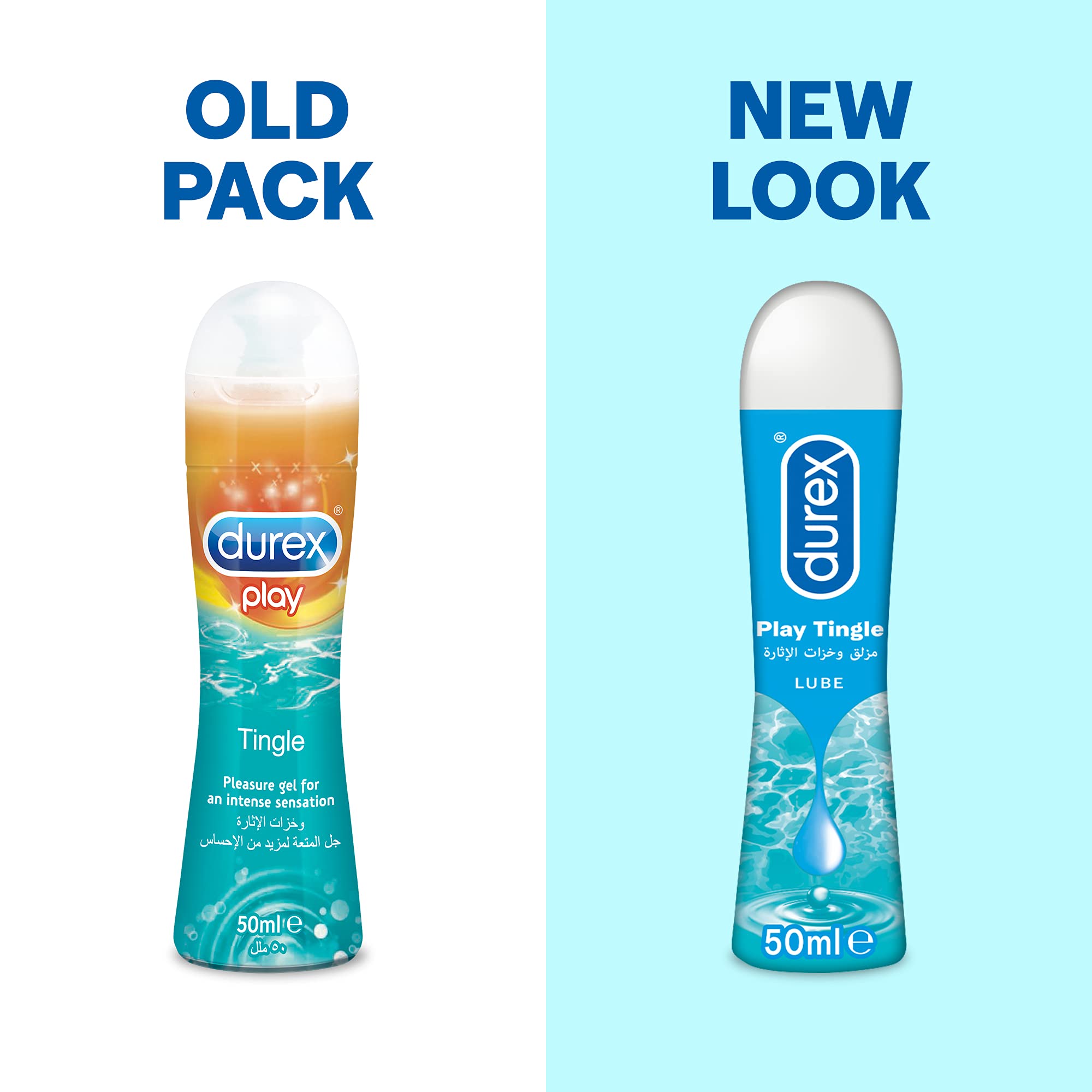 Side by side comparison of old and new bottles showing Durex Play Tingle lube 50ml in updated packaging