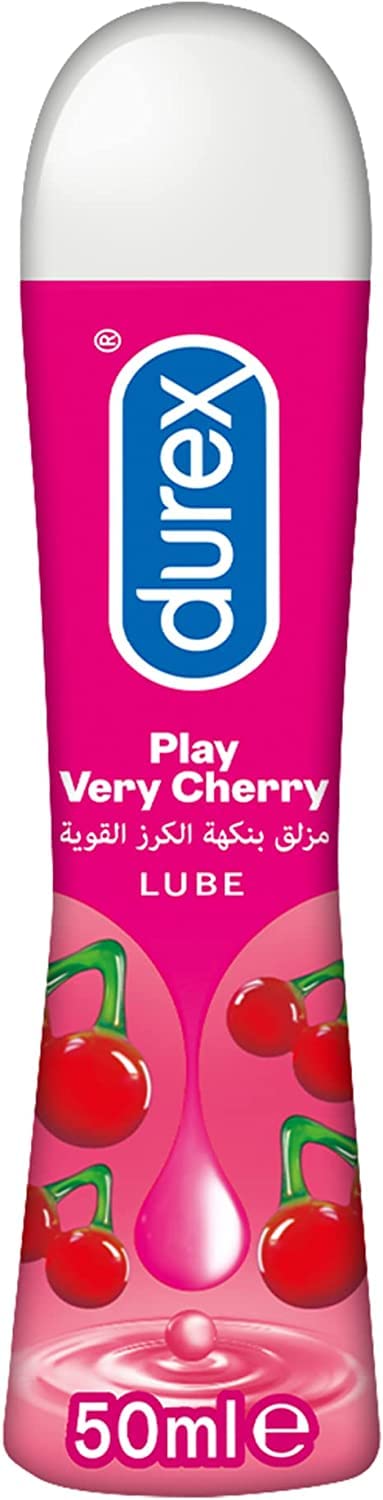 Durex Play Very Cherry pleasure gel. 50ml pink lube bottle with cherry graphics and white cap for sensual lubrication