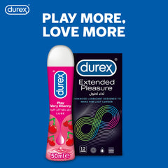 Durex Play Very Cherry pleasure gel bottle beside Durex Extended Pleasure condom box on blue background