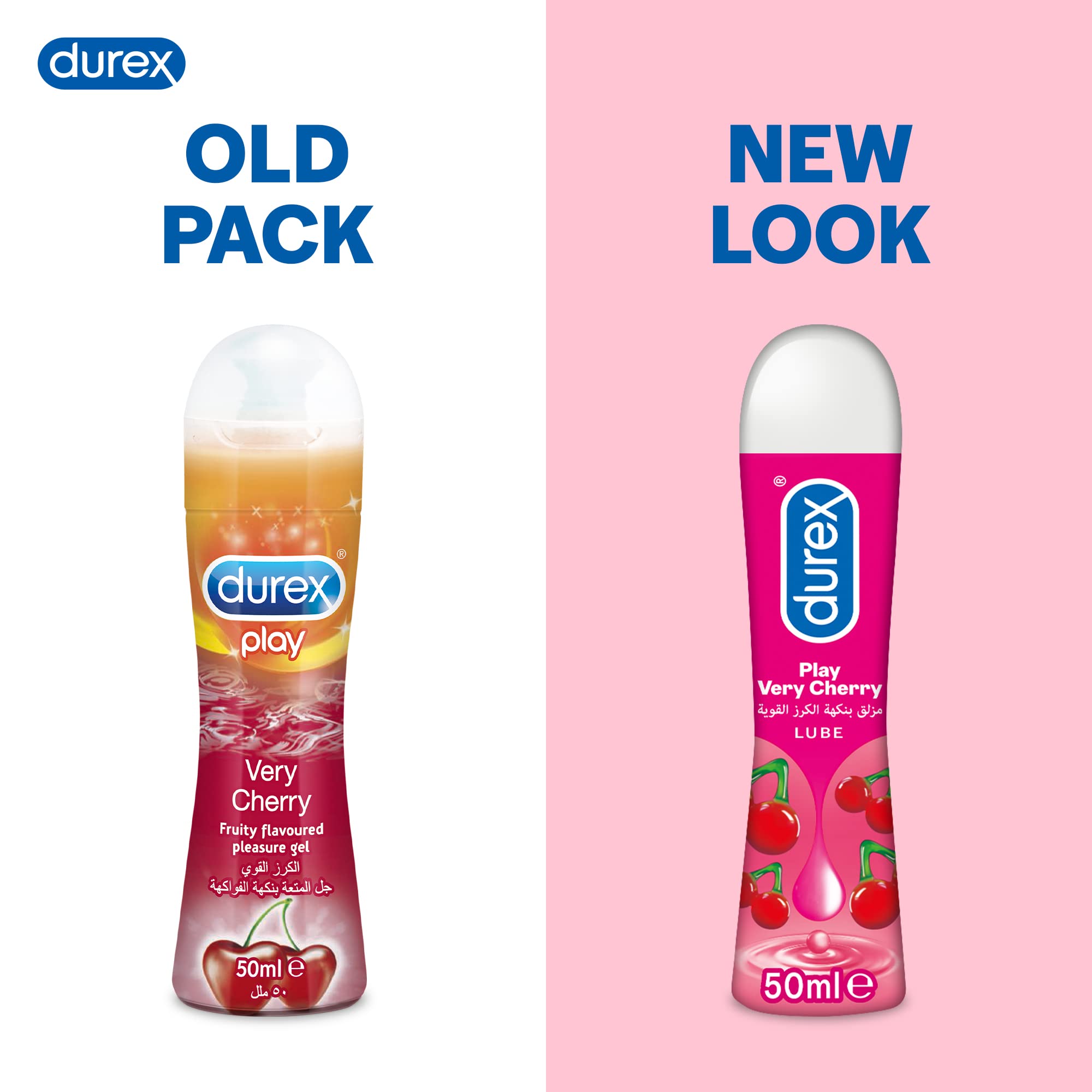 Durex Play Very Cherry pleasure gel packaging comparison showing old pack bottle and new look 50ml bottle