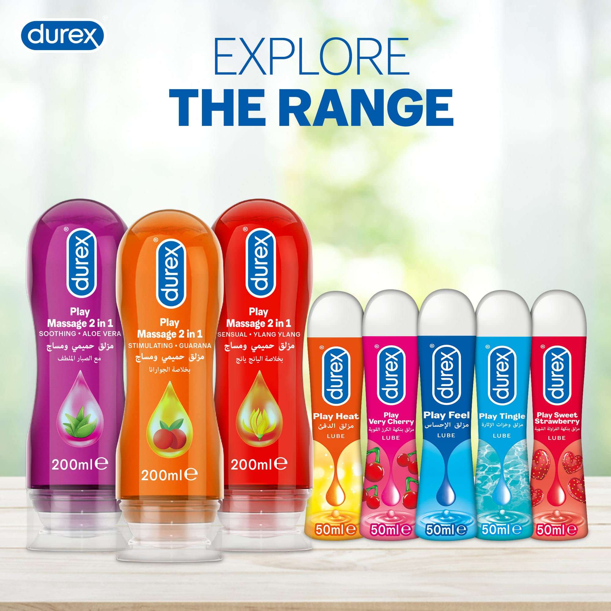 Durex product lineup showing bottles and 50ml lube tubes including Durex Play Very Cherry pleasure gel
