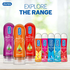 Durex product lineup showing bottles and 50ml lube tubes including Durex Play Very Cherry pleasure gel